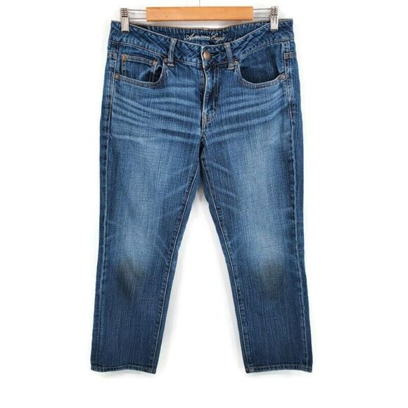 American Eagle Womens Boy Fit Jeans Sz 8 Medium Wash Mid Rise Denim Stretch - Picture 1 of 11